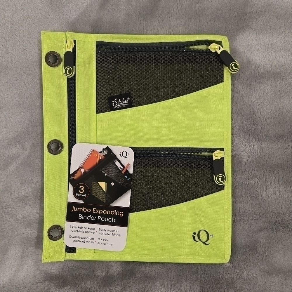 iScholar Jumbo Expandable Pencil Pouch, 3 Pockets, Neon Green